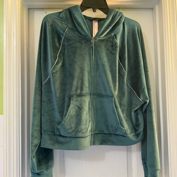 Victoria Secret Teal/Green Velour Tracksuit Cropped Hoodie Jogger - Picture 1 of 6
